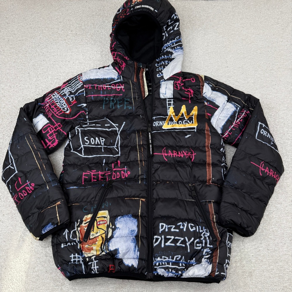 AOP Members Only Jean-Michel Basquiat Puffer S‎ Jacket Black Art Print MQ090205